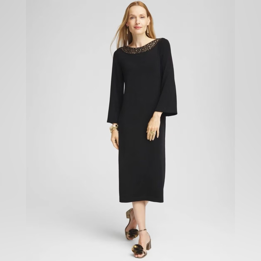 NWT Chico’s Travelers Rhinestone Scoop Back Black Midi Dress SZ L Classic Glam